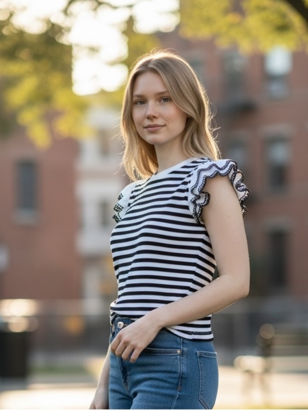 Women’s Black and White Stripe Ruffle Sleeve Top Size XL